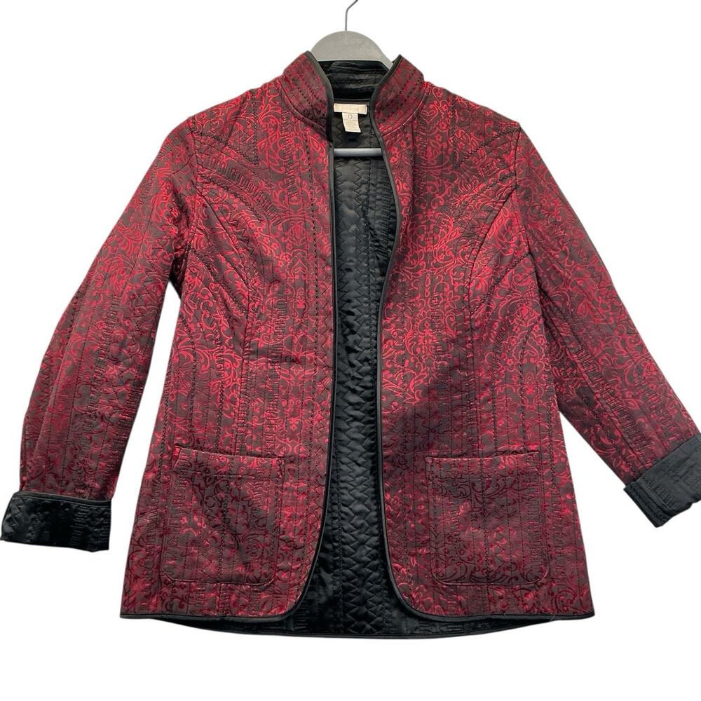 Chicos Red Black Jacquard Blazer Jacket Size O-8 Open Cardigan - Picture 1 of 11